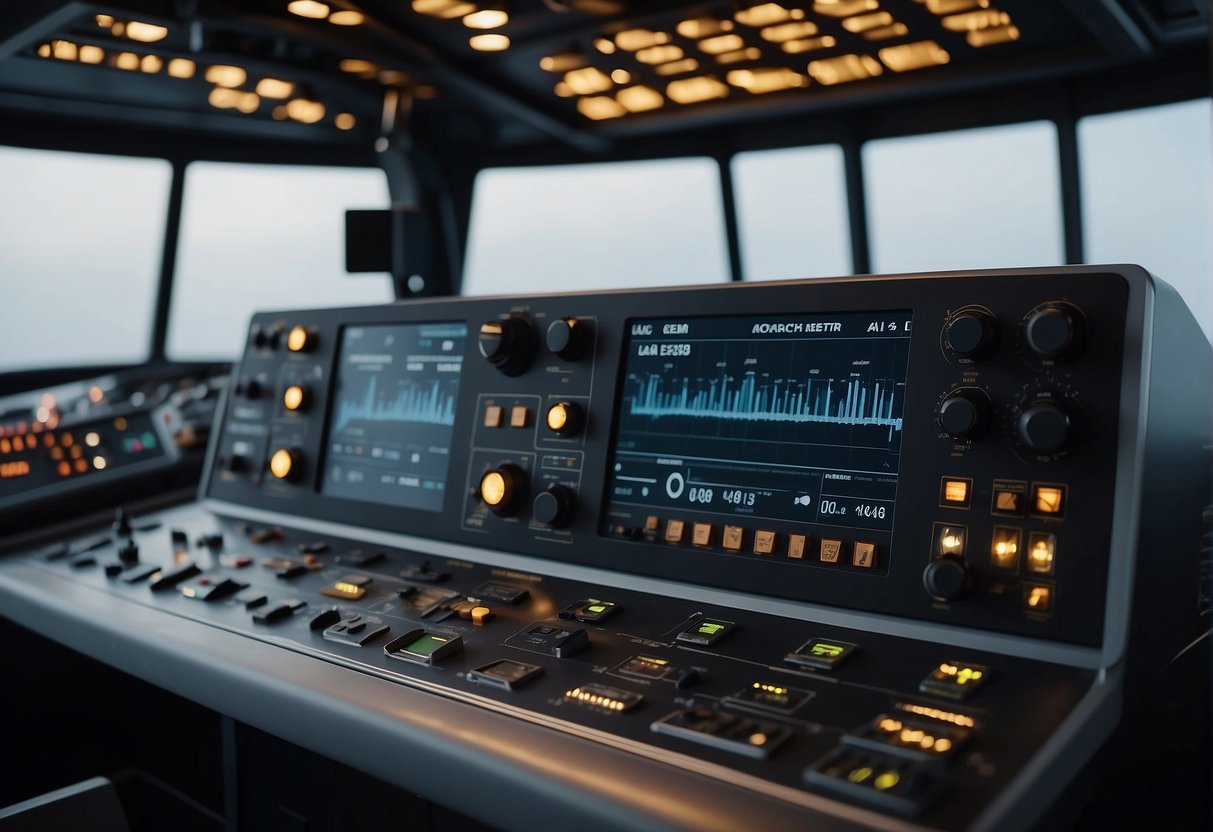 A control panel with sound level meters and communication devices, surrounded by sound-absorbing materials, in a spacecraft interior