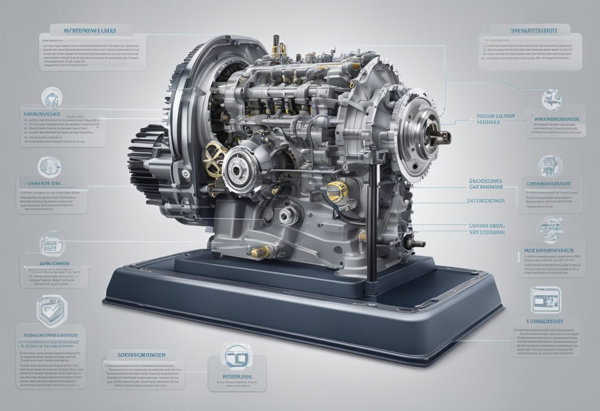 A six-speed plus transmission sits prominently on a display stand, surrounded by charts and graphs illustrating its benefits and considerations