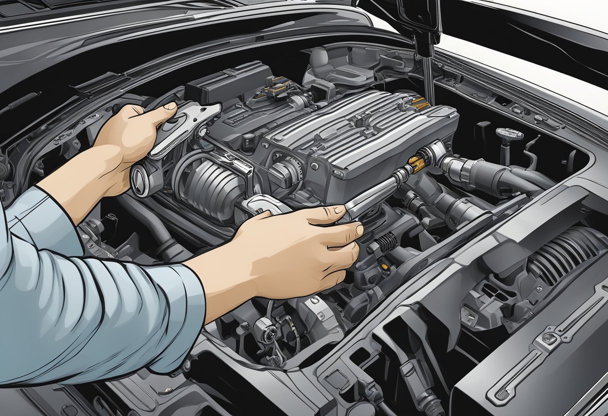 A hand reaching for a car's transmission module with a wrench, while a manual lays open nearby with instructions