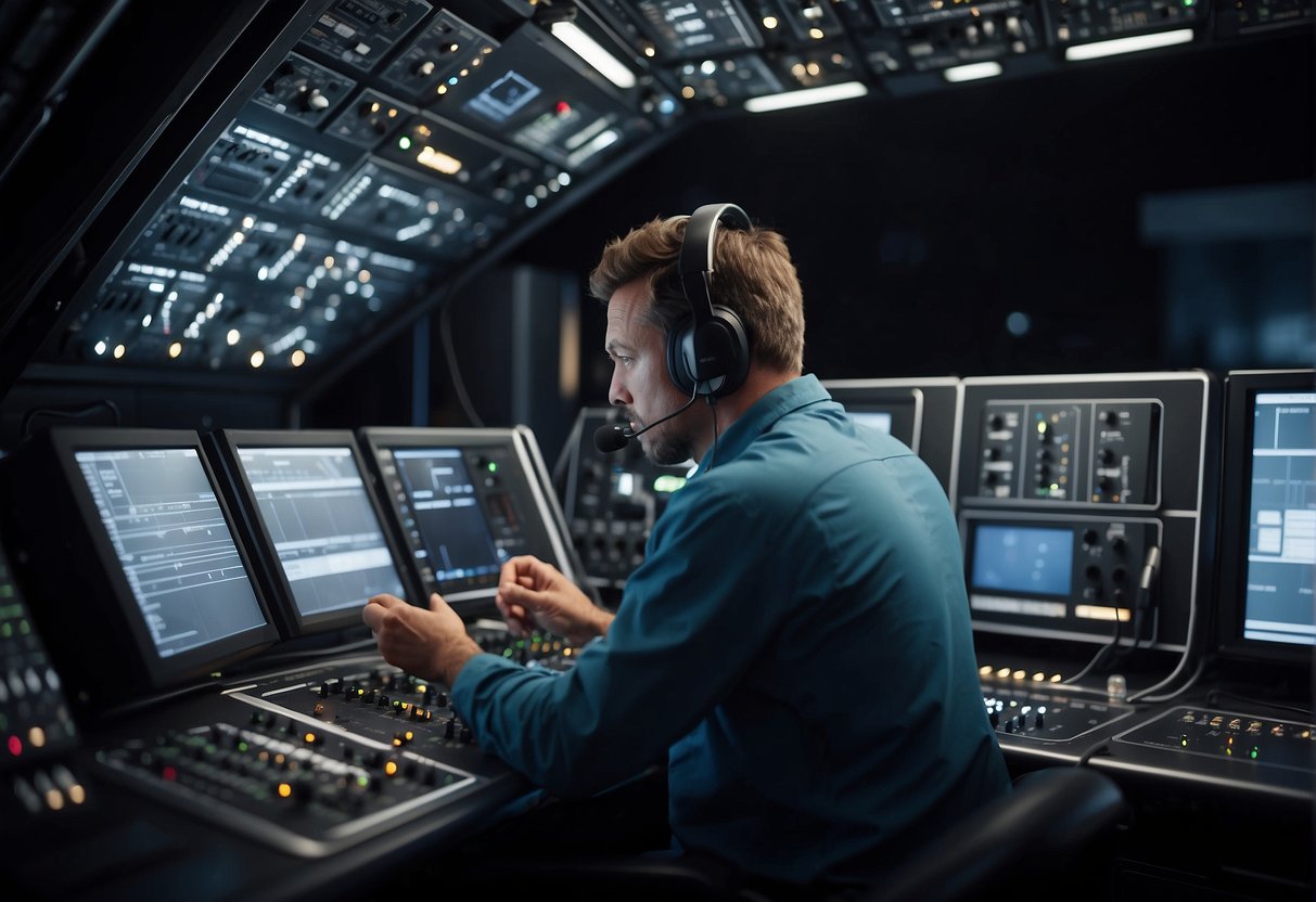 A spacecraft technician adjusts soundproofing panels in a quiet, high-tech environment. Monitors display noise levels as the technician maintains the acoustic environment