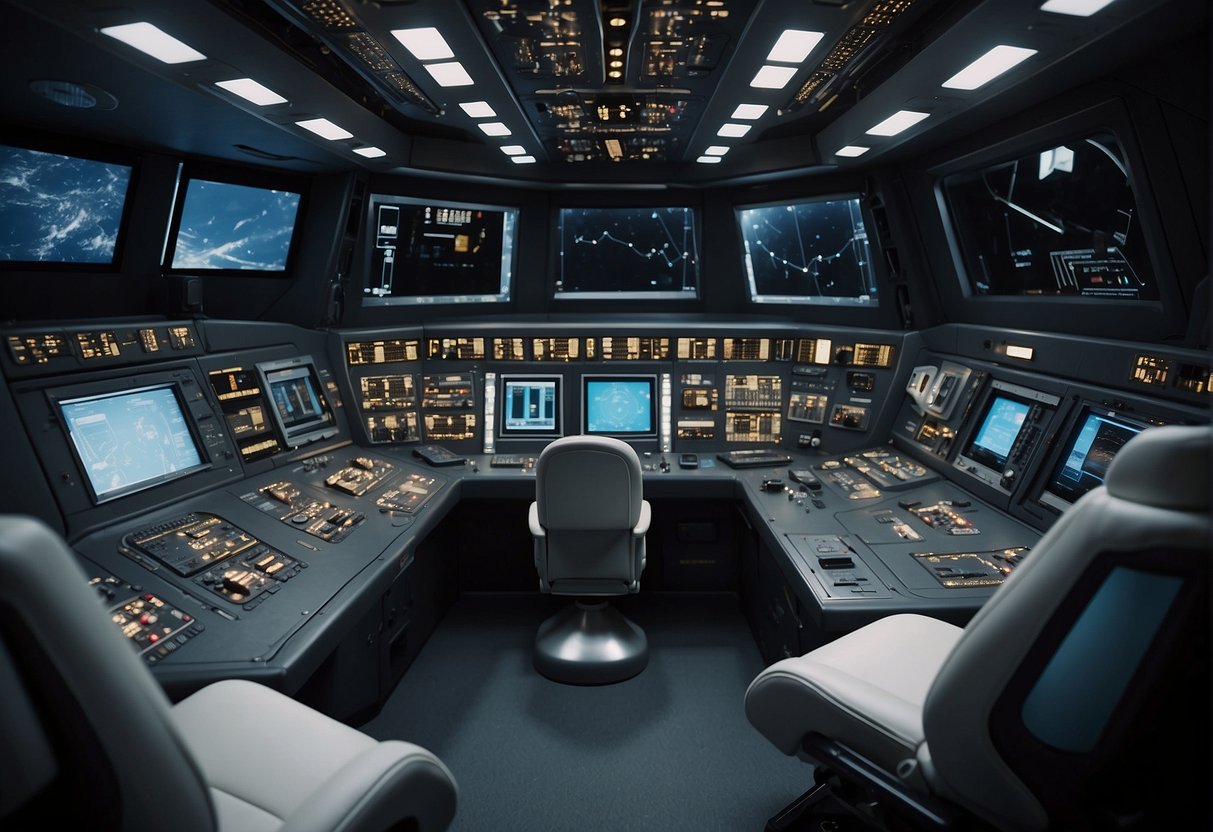 A spacecraft interior with soundproof panels, control panels, and astronauts' communication equipment. Outside, the vast silence of space