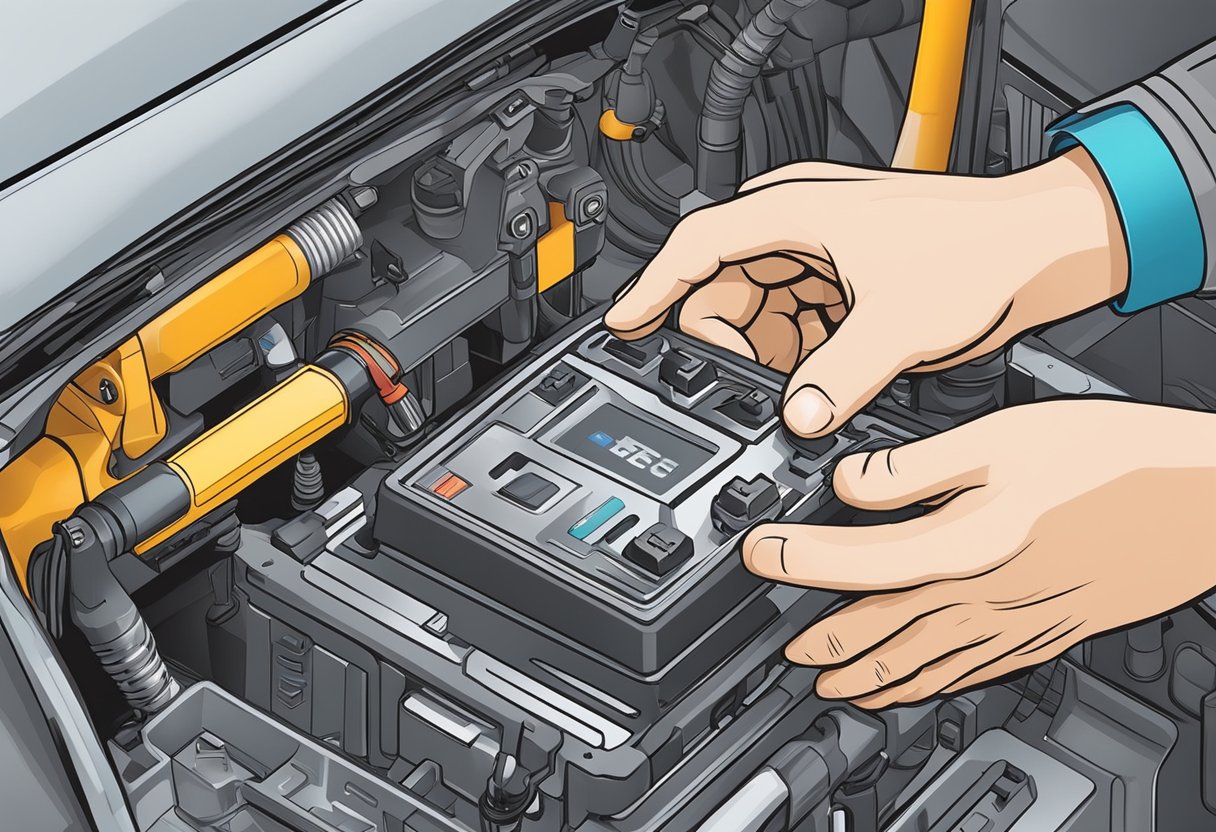 A technician presses the reset button on the transmission module with a screwdriver, while a diagnostic tool is connected to the module