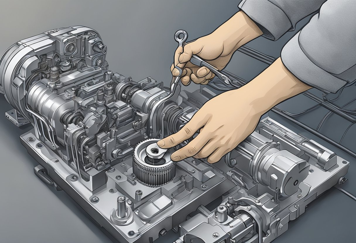 A hand reaching toward a transmission module with a wrench, following a step-by-step procedure guide