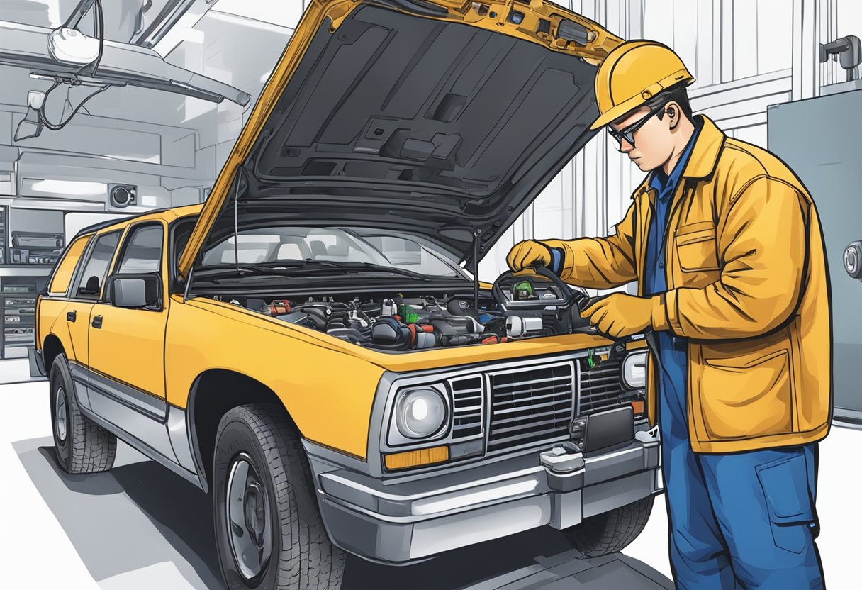 A technician resetting a transmission module with a tool, surrounded by diagnostic equipment and a vehicle