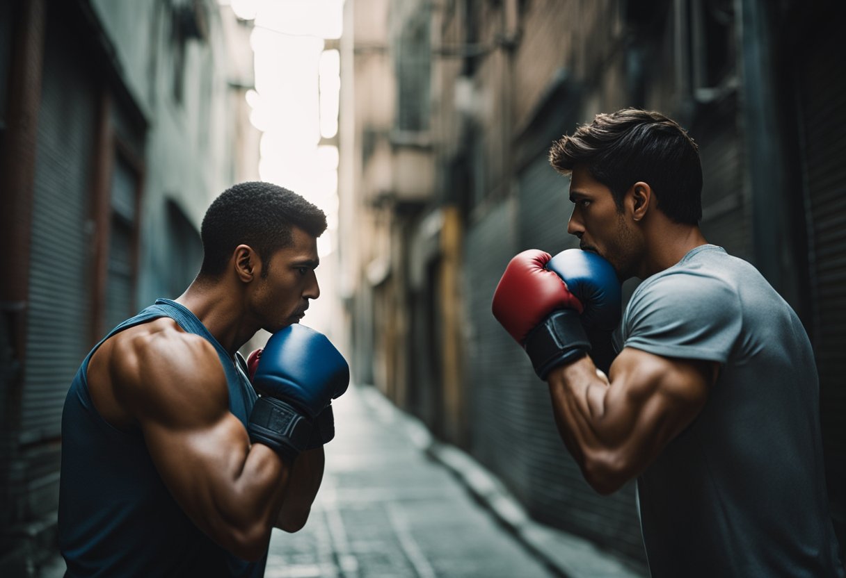 Two opponents face off in a dimly lit alley, their fists clenched and eyes locked in a tense standoff. The air crackles with anticipation as they prepare to unleash a flurry of powerful strikes and swift movements