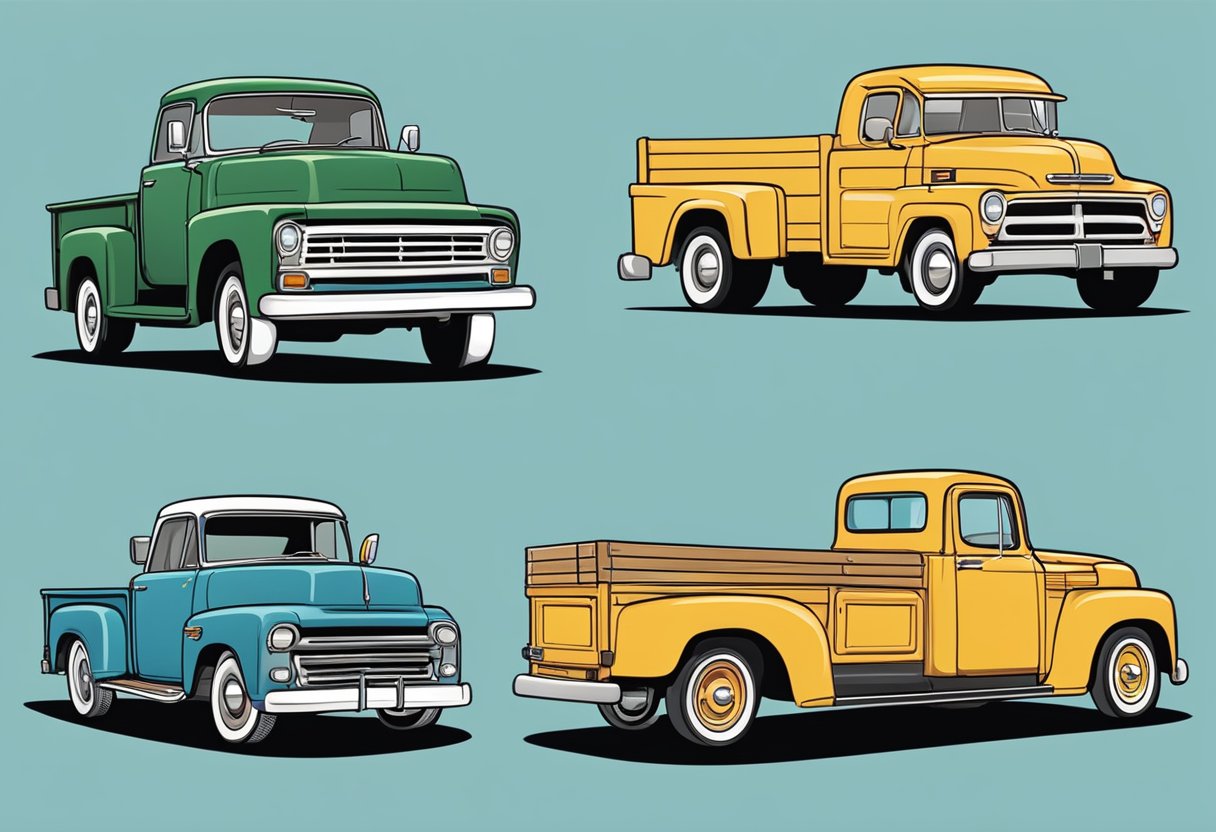 A vintage truck with a flareside bed parked next to a modern truck with a styleside bed.

The differences in the bed styles are highlighted, showcasing their unique designs and characteristics