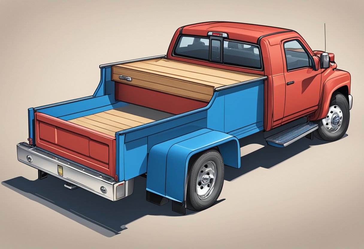 A red Flareside truck bed sits lower and wider, with curved edges.

A blue Styleside bed appears taller and straighter, with squared-off edges