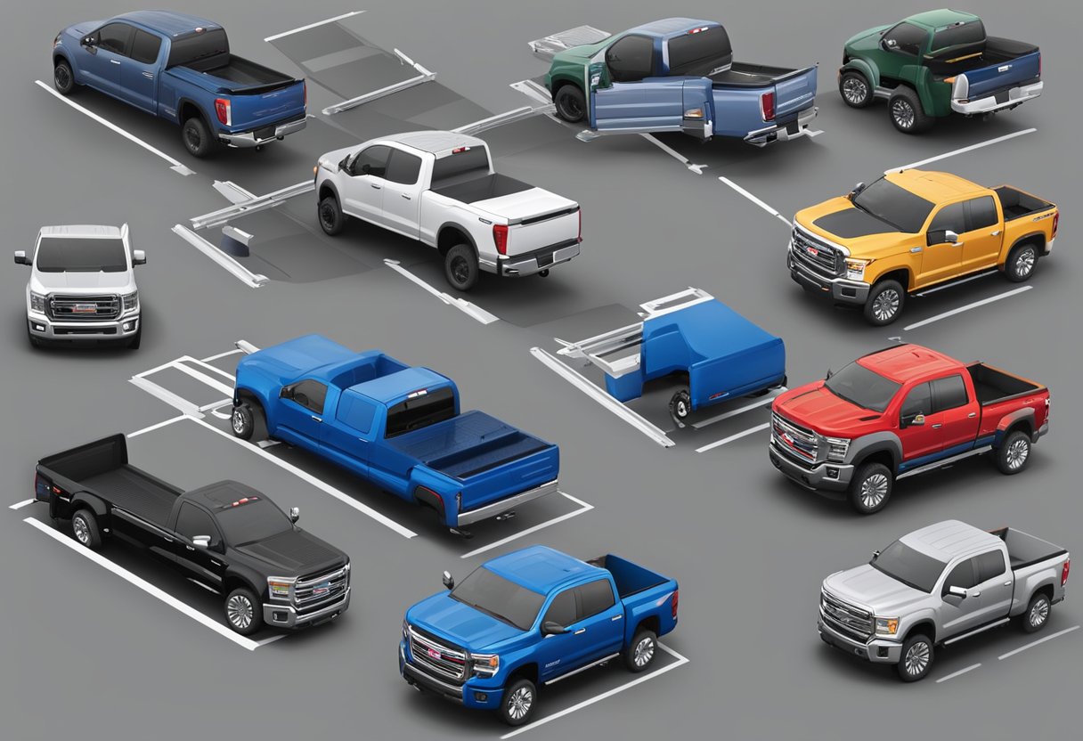 A dealership lot displaying Flareside and Styleside truck beds, with various models and colors available.

Customers comparing sizes and features
