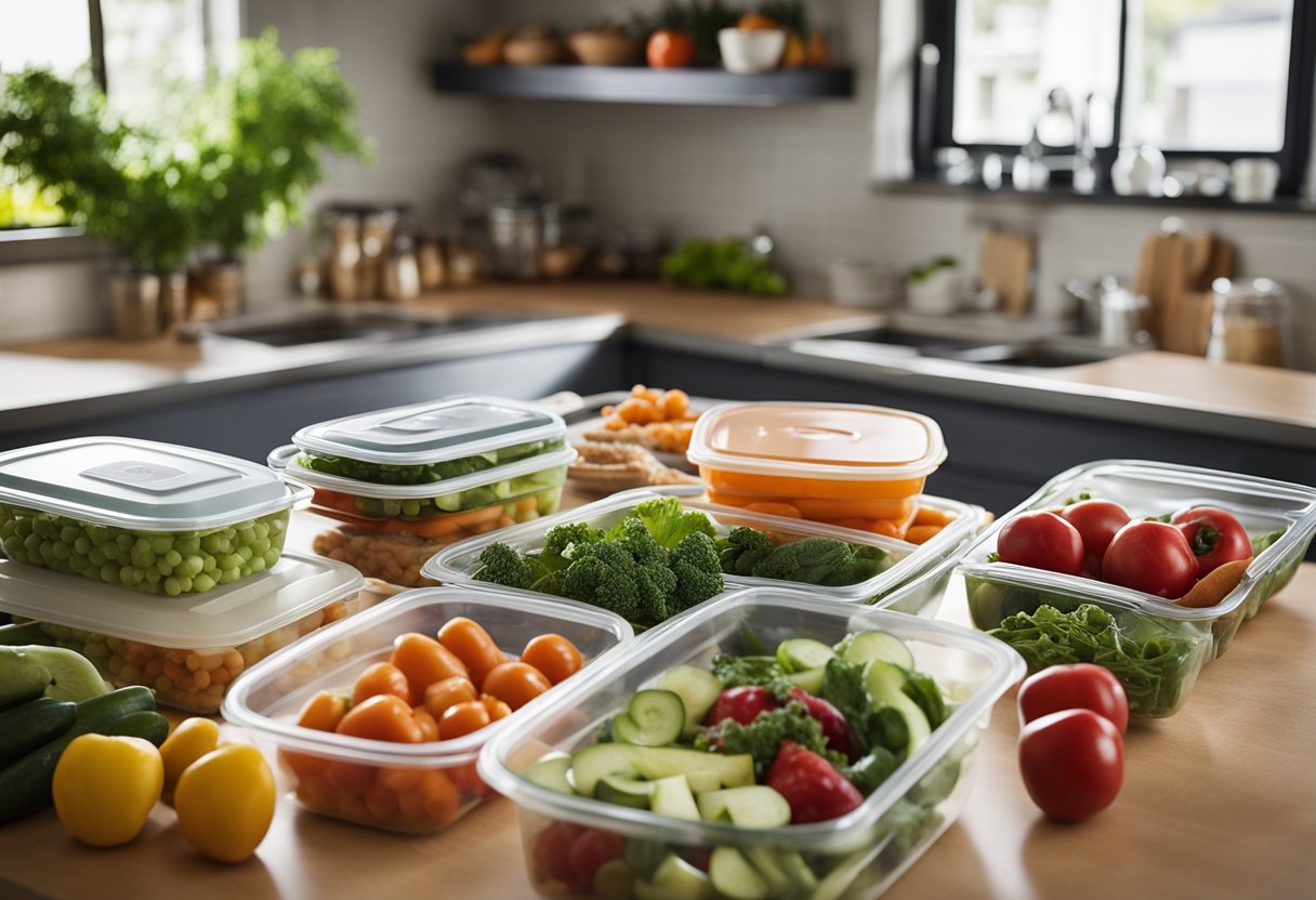 A table set with various Tupperware containers, filled with fresh produce and leftovers. A happy family gathers around, using the containers for storage and meal prep