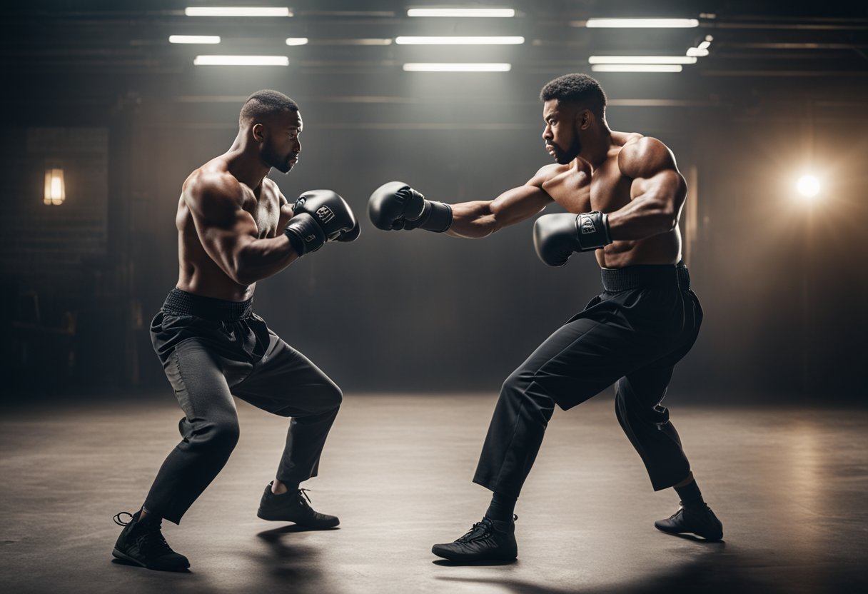Two characters engage in a dynamic fight sequence, exchanging punches, kicks, and blocks with precision and intensity. The choreography flows seamlessly, showcasing their skill and agility