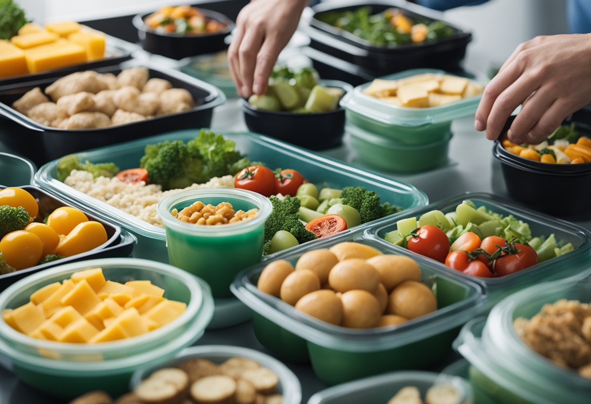 A table with various Tupperware containers, some open and filled with food, others stacked neatly. A person reaching for a container