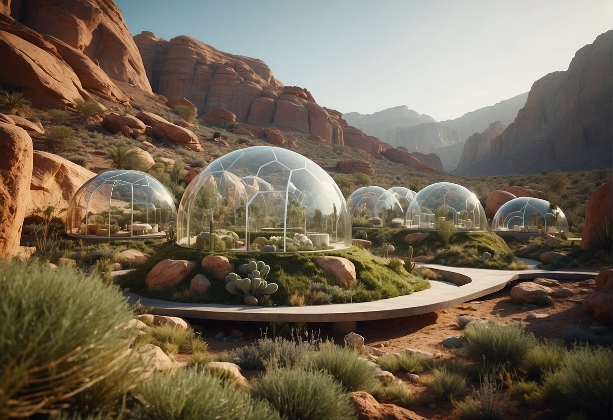 Closed Ecological Systems - A transparent dome houses a lush, self-sustaining ecosystem with plants, water, and small animals, surrounded by a barren, rocky Martian landscape