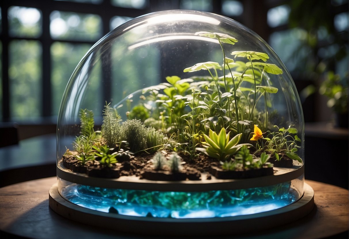 A self-sustaining ecosystem with plants, water, and air enclosed in a transparent dome, with interconnected cycles of energy and nutrients