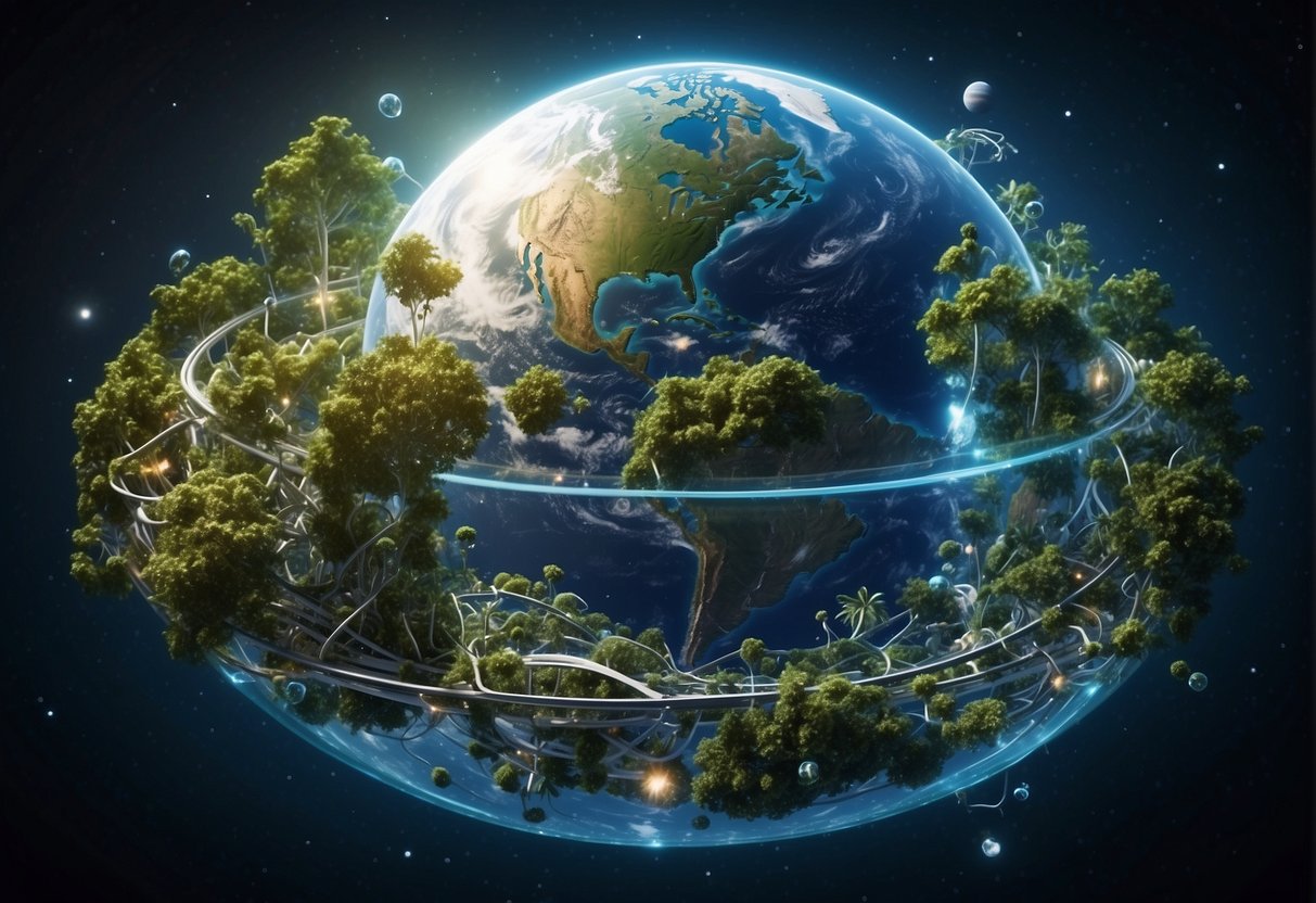 A network of interconnected habitats with plants, water, and air recycling systems, floating in space with Earth in the background