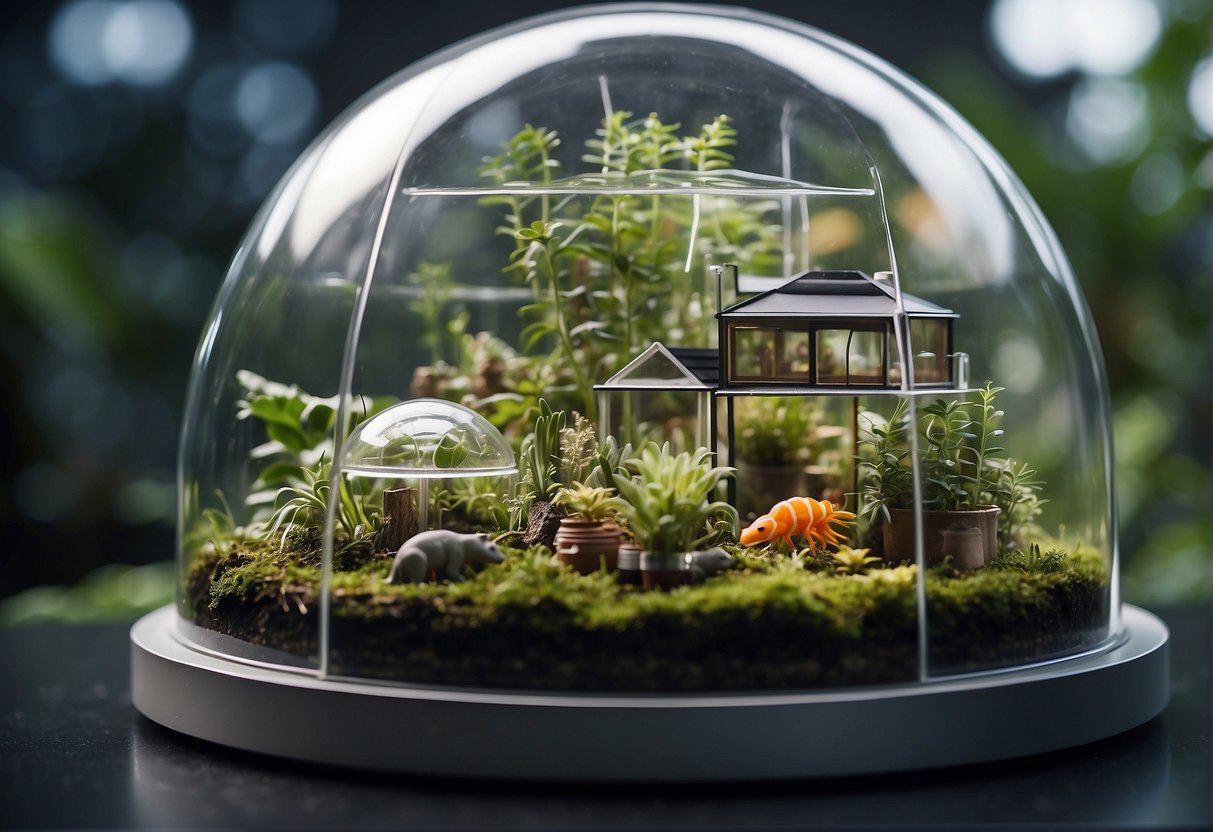 A self-sustaining closed ecological system with plants, water, and small animals inside a transparent dome, surrounded by space habitat infrastructure