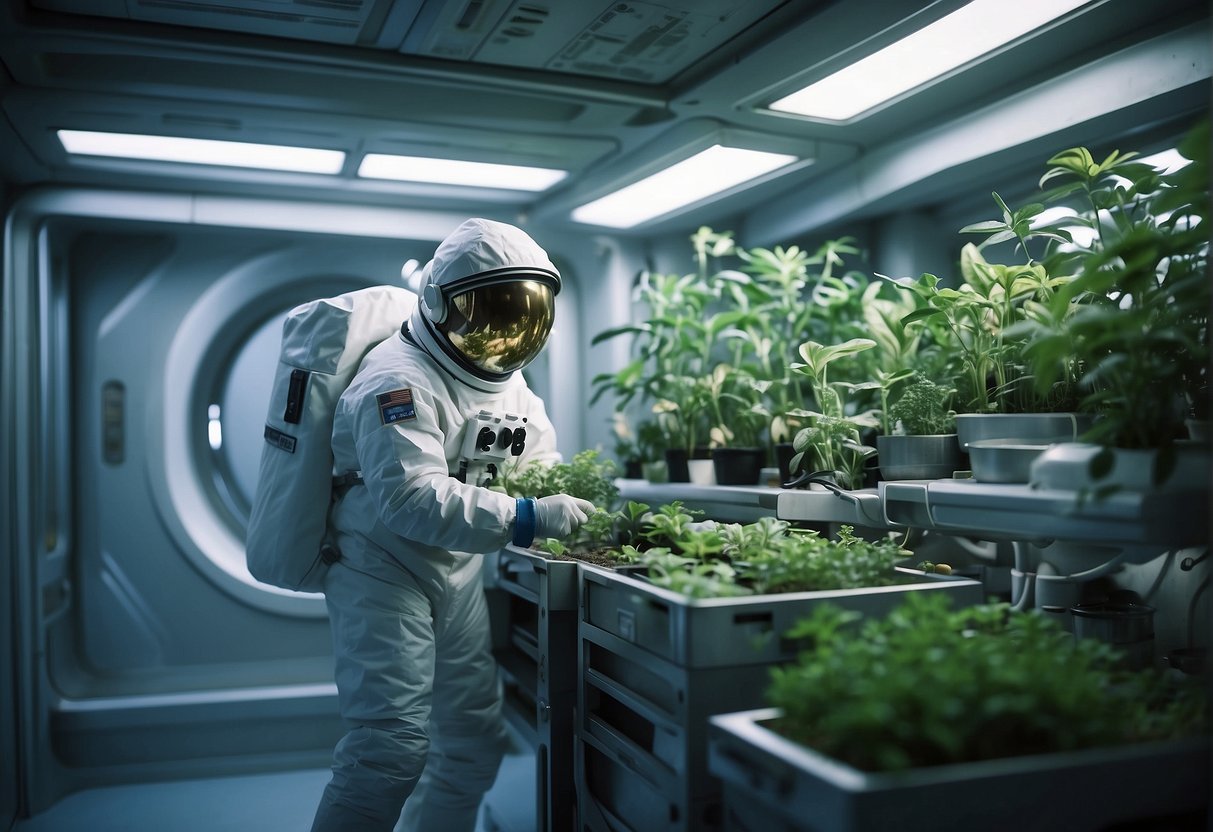 Space Allergies - A space station with plants and medical equipment, a scientist in a protective suit studying a sample, and a floating allergy medication