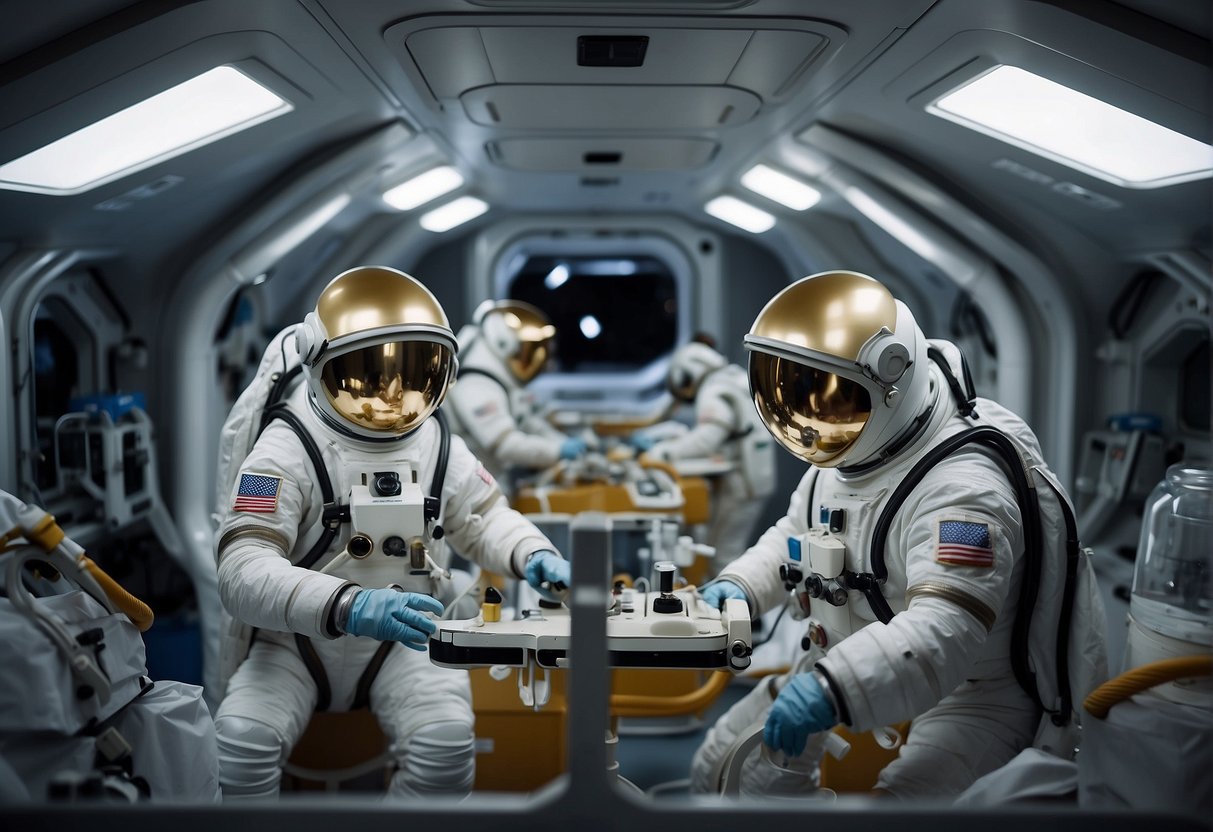 Astronauts in space suits, surrounded by floating allergens and pathogens. Medical equipment and supplies are visible, indicating the need for advanced healthcare beyond Earth