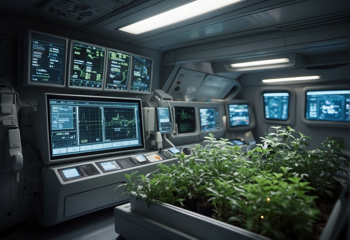 A space station with medical equipment and plants, a floating allergen detector, and an astronaut's immune system data displayed on a screen