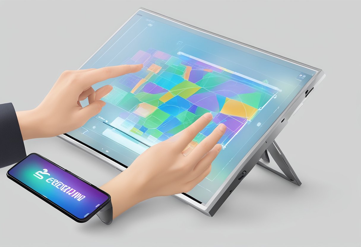 A hand reaches out and interacts with a 3m capacitive touch screen kit, demonstrating its responsiveness and accuracy