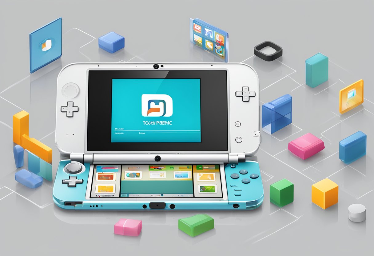 A 3ds device with a capacitive touch screen, displaying various icons and graphics