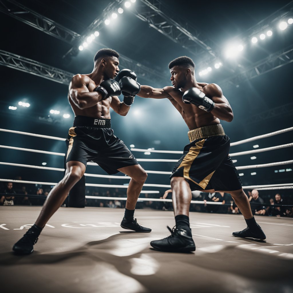 Two fighters engage in combat sports, circling each other with focused intensity. The sound of their movements fills the air as they exchange powerful strikes and evasive maneuvers