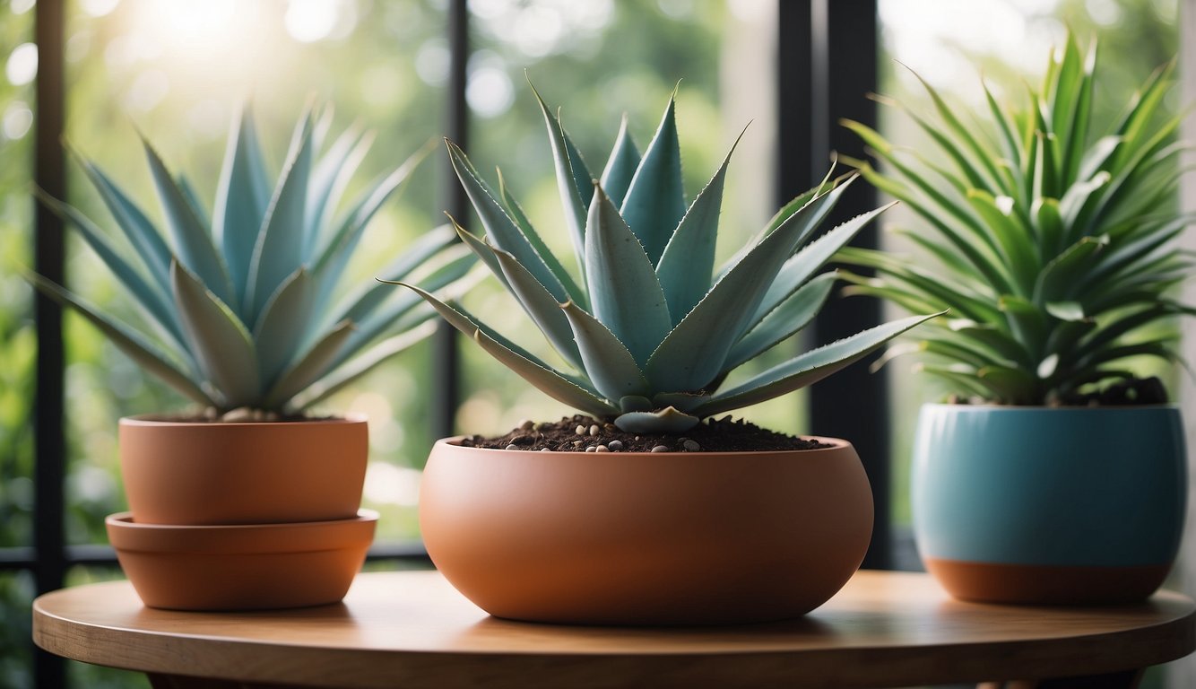 A sunlit room with a large, terracotta pot holding a vibrant blue glow agave plant, surrounded by lush greenery and peaceful decor