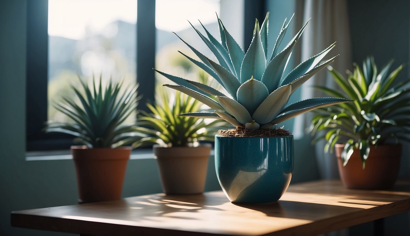 A bright, sunlit room with a large, decorative pot holding a vibrant Blue Glow Agave plant.

The plant is thriving, with its striking blue-green leaves reaching upward towards the light