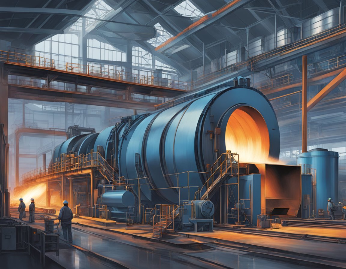 Ocelárna s rozžhaveným kovem válcovaným do plechů v kontrastu s chladnější modrou oblastí, kde se zpracovává hotová ocel válcovaná za studena