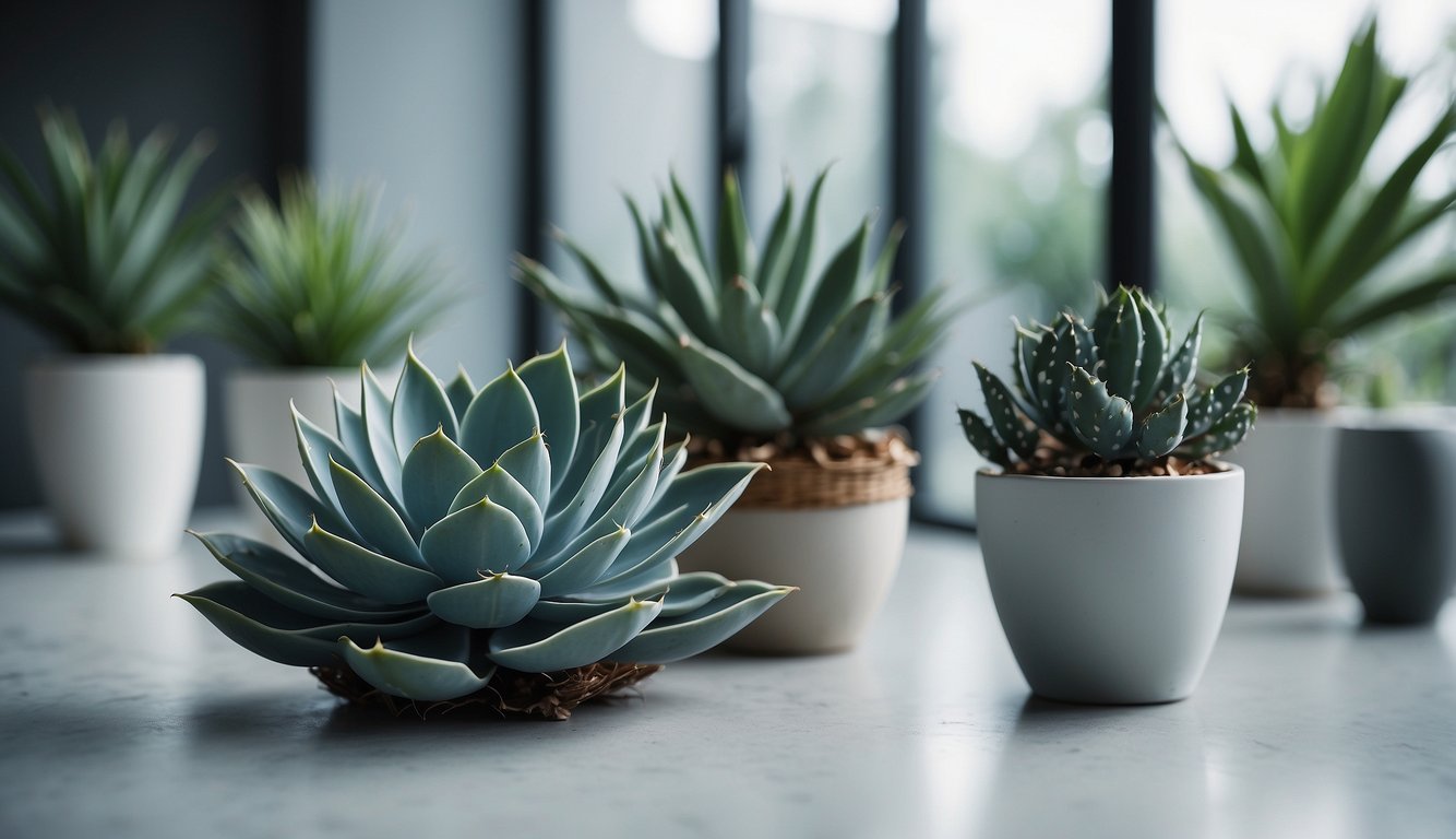 A serene indoor space with a thriving blue glow agave plant surrounded by soft, natural light and minimalistic decor