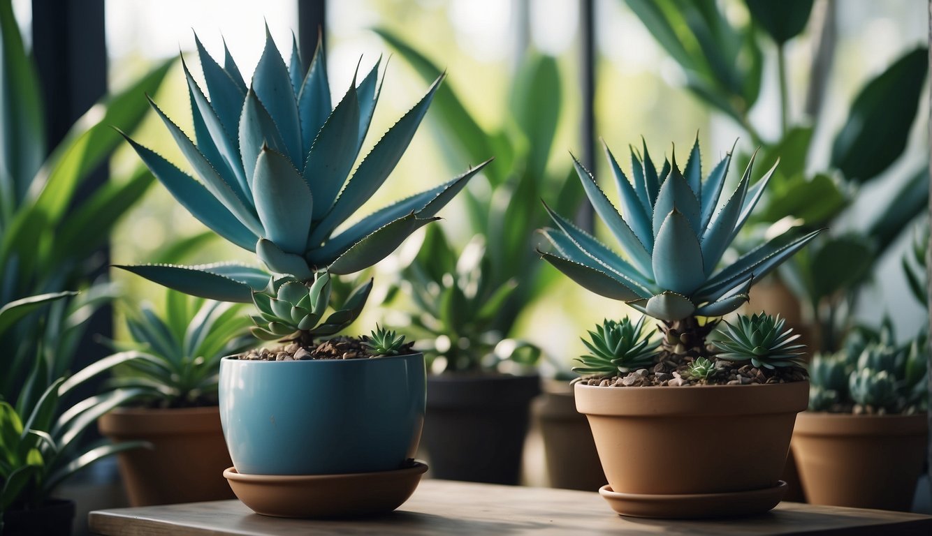 A vibrant blue glow agave thrives in a sunlit indoor setting, surrounded by lush greenery and potted plants.

The serene atmosphere invites tranquility and growth