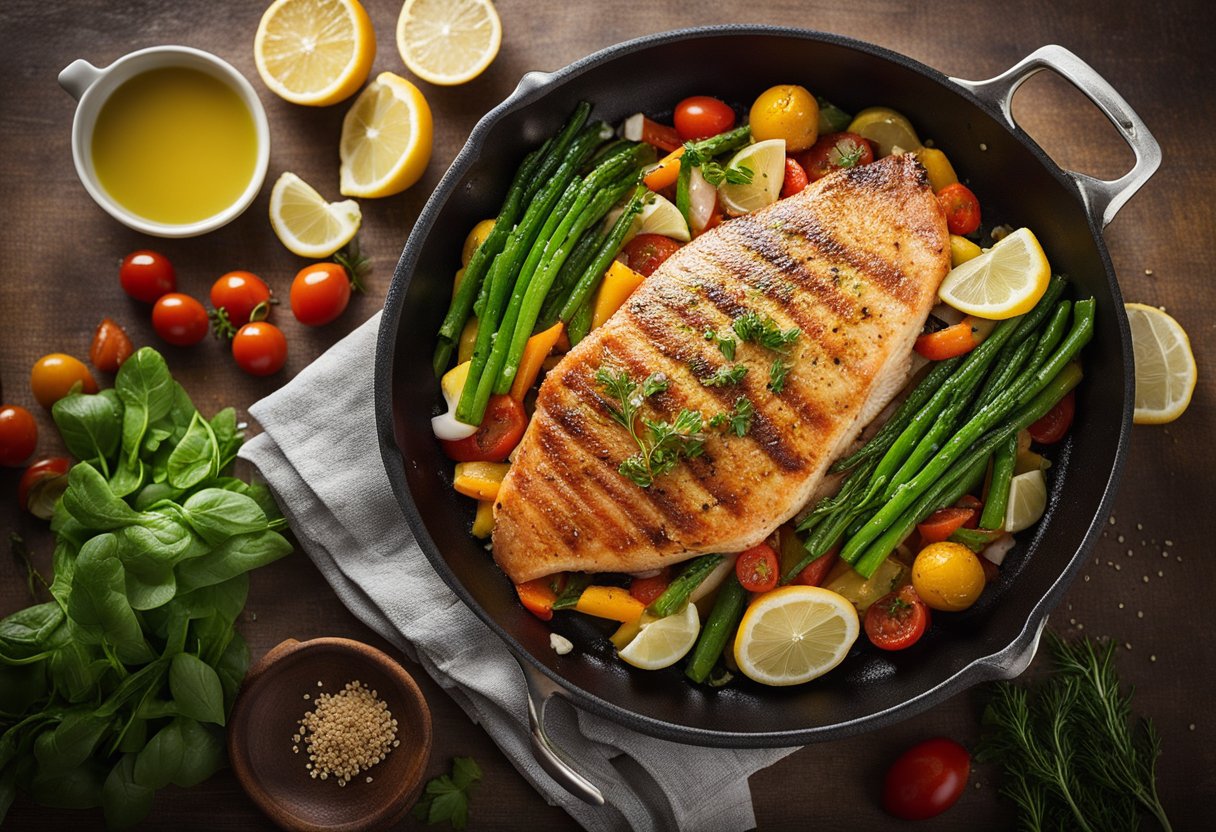 A red snapper fillet sizzling in a skillet with lemon, butter, and herbs, surrounded by vibrant vegetables and a drizzle of white wine sauce
