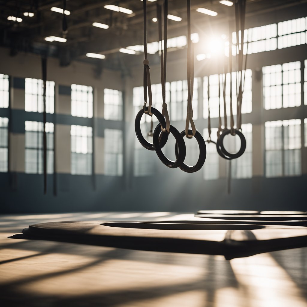Gymnastics rings suspended in mid-air, casting long shadows in a sunlit gymnasium