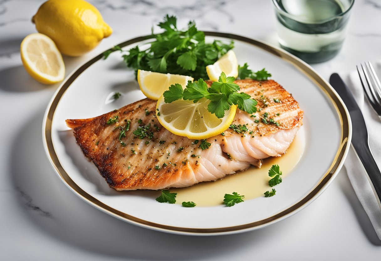 A plate with a whole red snapper fillet, topped with a lemon butter sauce and garnished with parsley and lemon slices
