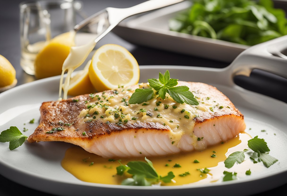 A red snapper fillet is being gently dipped in a light, lemony egg batter before being sautéed in a pan. The fish is then topped with a tangy, buttery sauce and garnished with fresh herbs