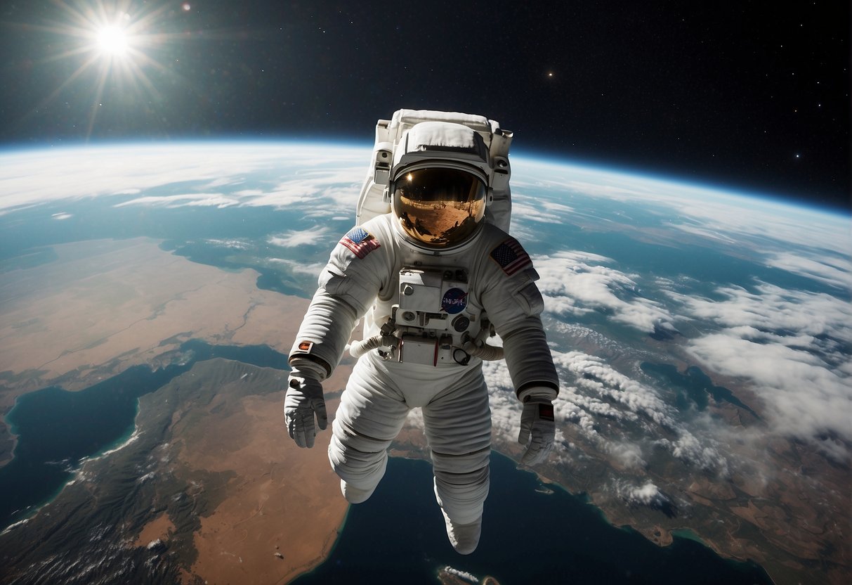 A space suit floating in the vastness of space, with Earth in the background, while a cluster of microbial life forms hovers nearby