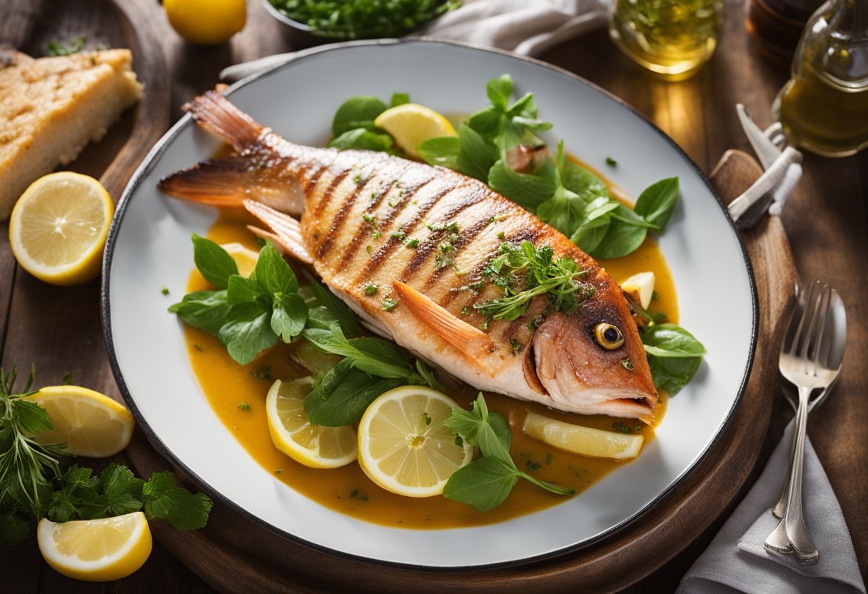 A whole red snapper is being pan-fried in a sizzling skillet, accompanied by a rich, lemony francaise sauce and a garnish of fresh herbs