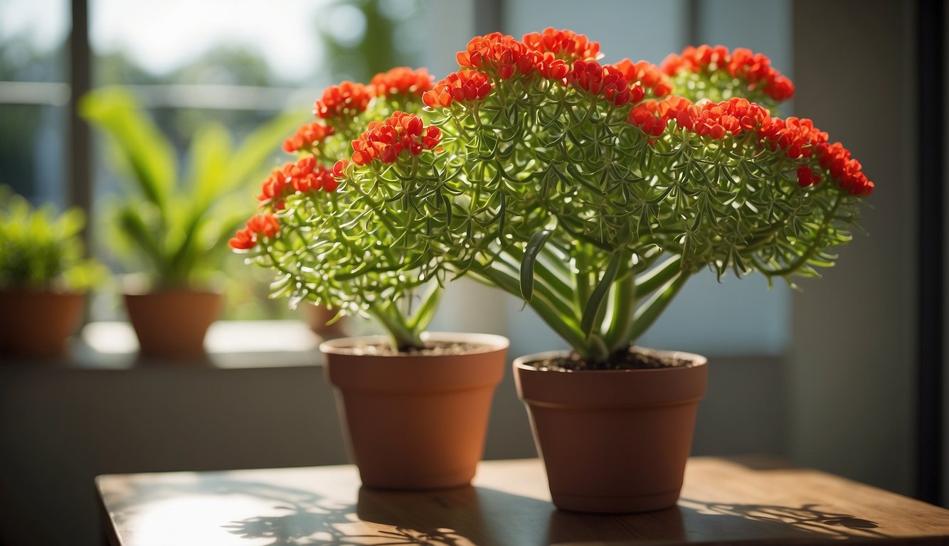 A vibrant Euphorbia Milii plant sits in a sunlit living room, surrounded by lush green foliage.

The plant's thorny stems and bright red flowers add a pop of color to the space