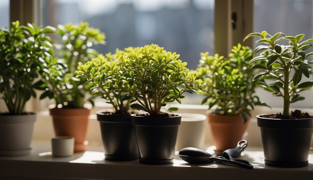 A bright, sunlit room with a lush Euphorbia Milii plant sitting on a windowsill.

The plant is surrounded by gardening tools, soil, and fertilizer, indicating care and propagation
