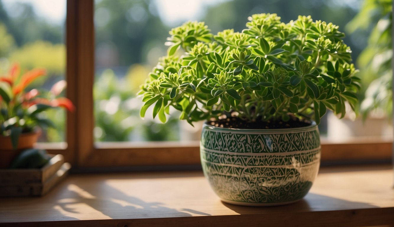 A lush Euphorbia Milii plant sits in a decorative pot on a sunlit windowsill, surrounded by vibrant greenery and colorful accents, adding a touch of natural beauty to the cozy living space