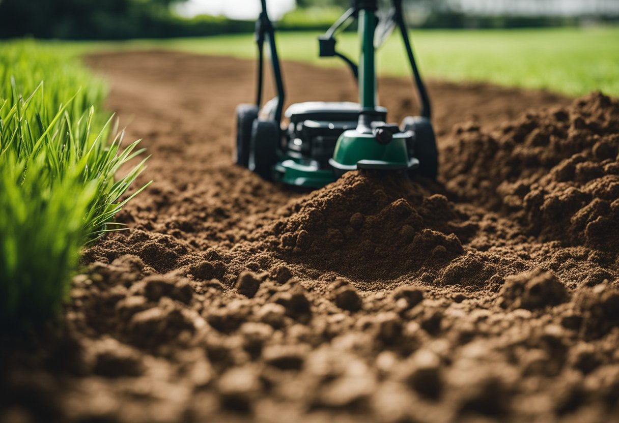 Lawn adjustments on clay soil. Illustrate a mower cutting grass on a clay surface with visible soil texture and grass clippings