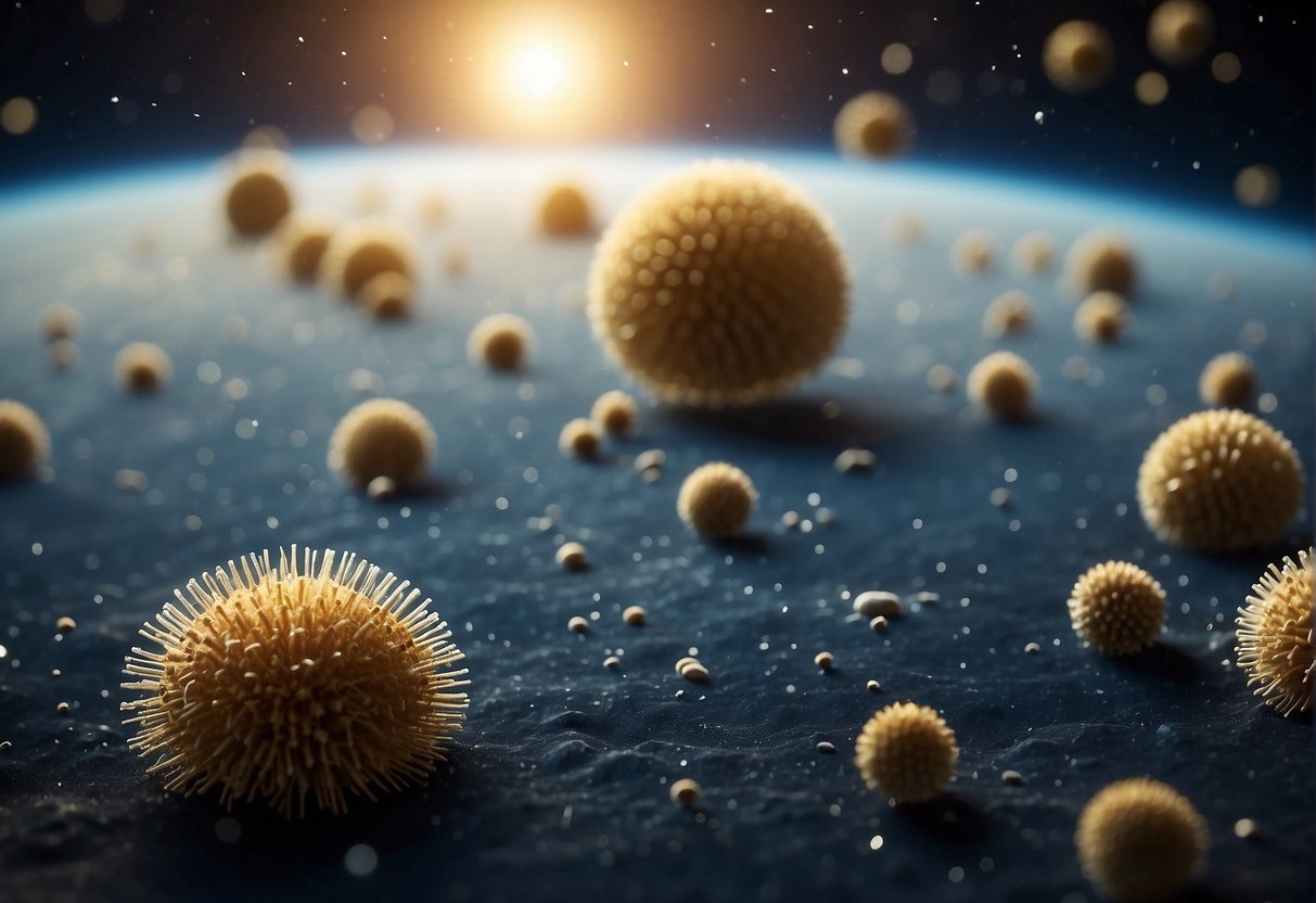 Microbes floating in space, some harmless, others potentially harmful to astronauts. Research equipment and spacecraft in the background