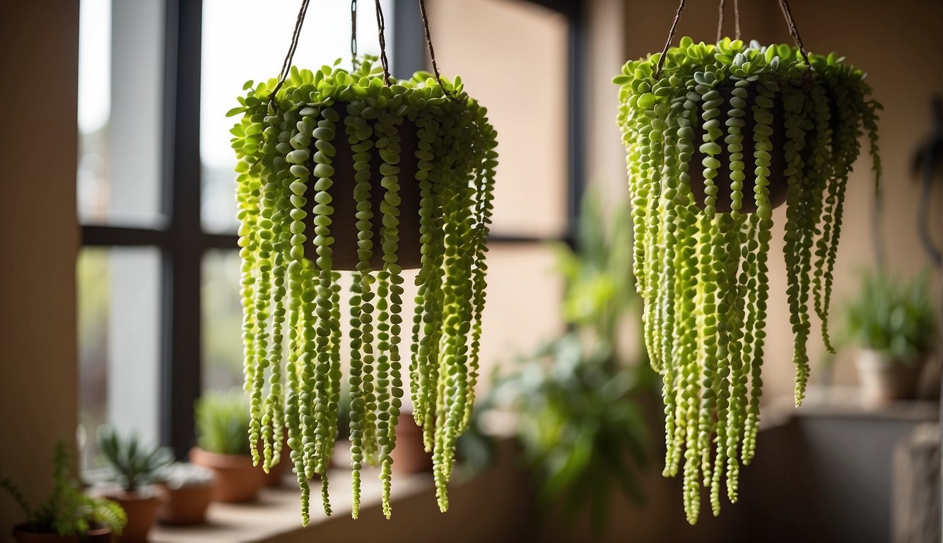 A sunny room with a hanging planter showcasing lush, trailing Burro's Tail succulents.

The plants cascade down, their fleshy green leaves creating a beautiful, vibrant display