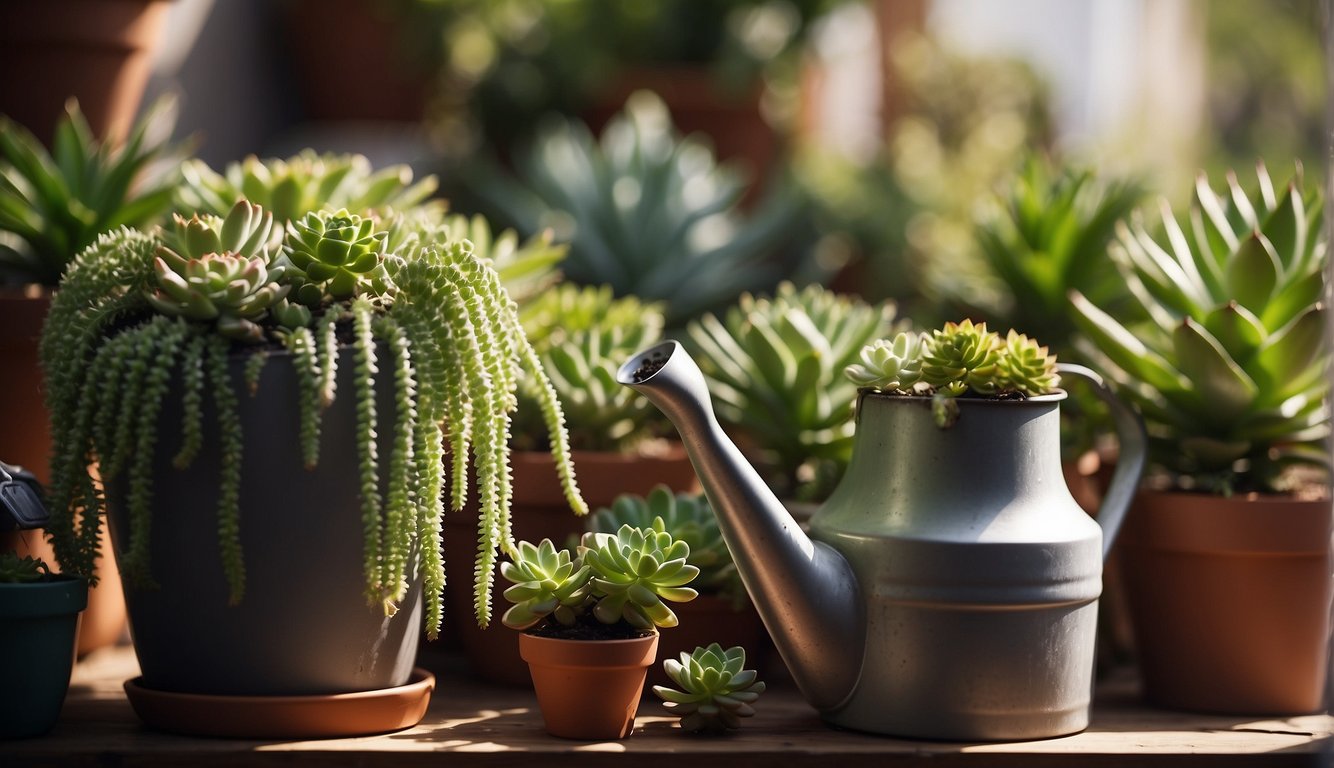 A hanging pot with lush Burro's Tail succulents basking in dappled sunlight, surrounded by other potted plants.

Watering can and gardening tools nearby