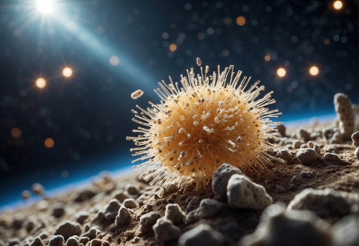 Microbial life in space: a cluster of bacteria floating in a zero-gravity environment, with a space shuttle and stars in the background