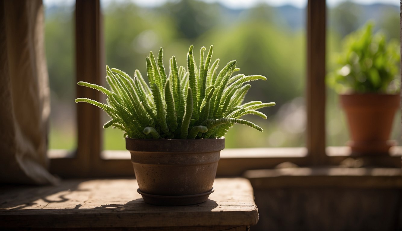 A lush Burro's Tail plant sits in a sunny window, surrounded by well-draining soil and receiving occasional water.

It thrives with its cascading stems and vibrant green leaves