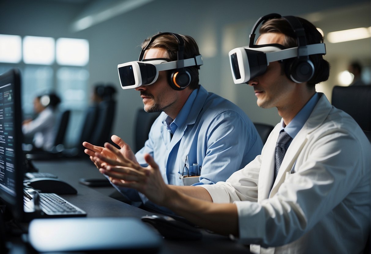 Scientists and engineers testing virtual reality simulations, conducting psychological training, and discussing potential challenges