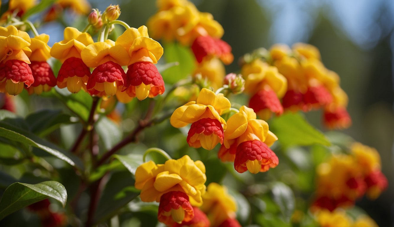 Vibrant red and yellow Manettia Luteorubra flowers cascade from the candy corn plant, adding a pop of color to the garden
