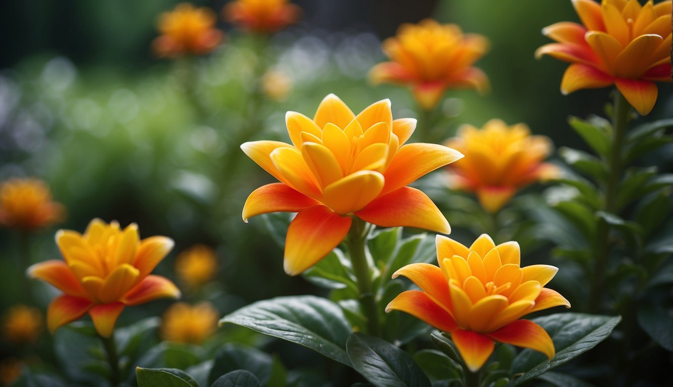 A vibrant candy corn plant blooms in a garden, surrounded by lush green foliage and attracting attention with its bright red and yellow flowers