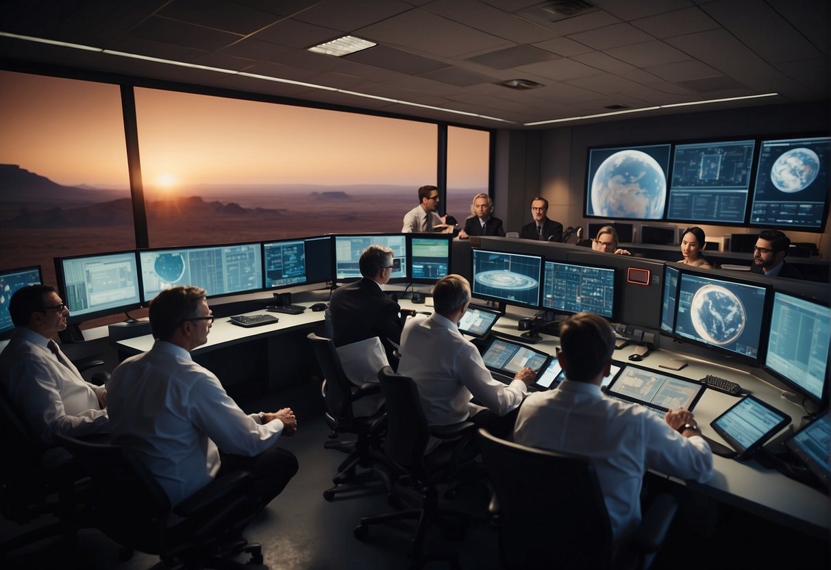 A team of scientists and engineers gather in a control room, discussing strategies to prepare for the psychological impact of the first Mars landings