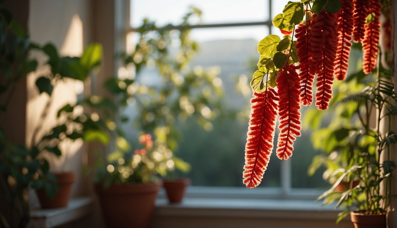 A chenille plant hangs from a macrame hanger, its fuzzy red blooms cascading down.

Sunlight streams through a nearby window, casting a warm glow on the vibrant foliage